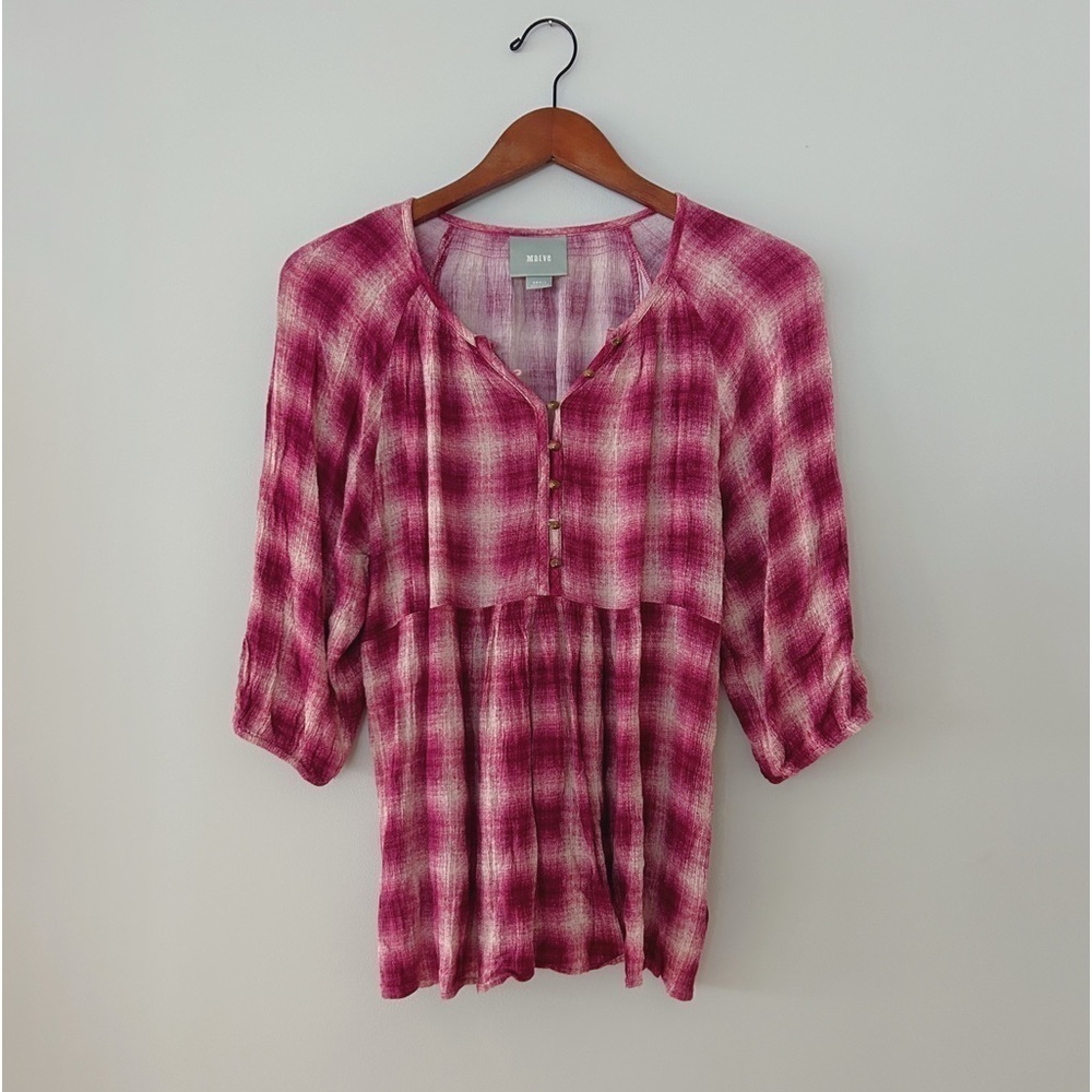 Anthropologie Maeve Pink Plaid Button Down Blouse Sz S